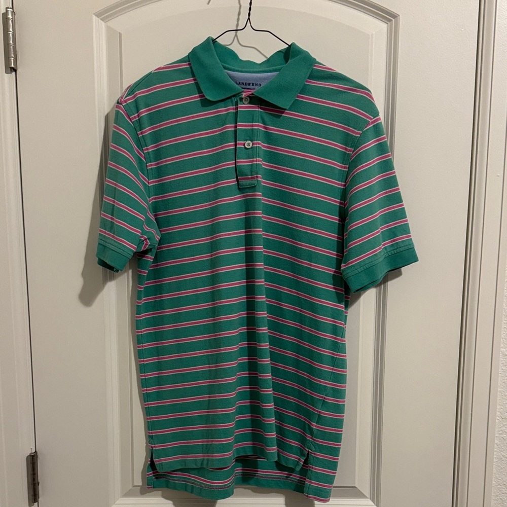 Lands' End Green and Pink Striped Polo Shirt